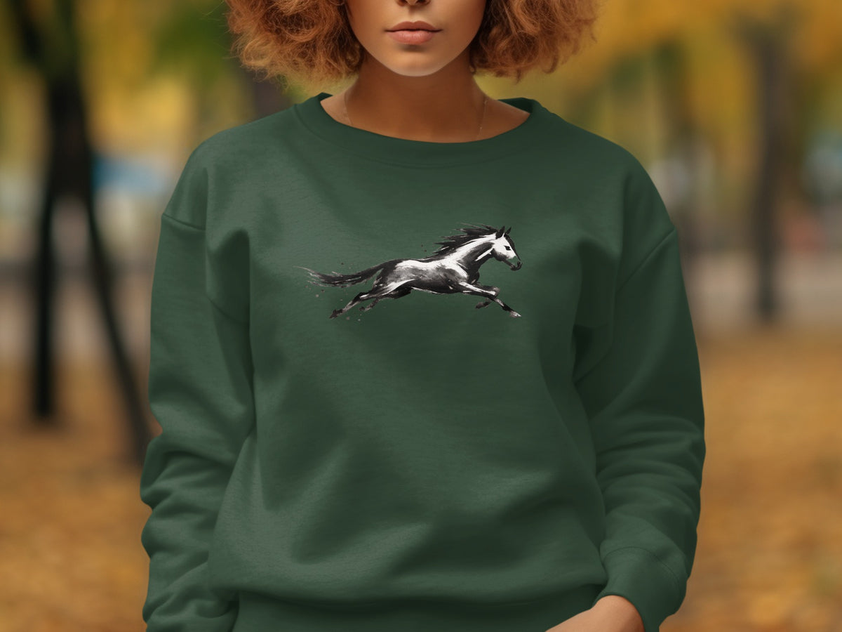 Dark green sweatshirt with a black and white running horse graphic.