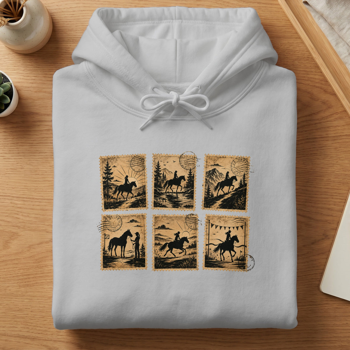 White hoodie with six vintage stamp-style graphics of horseback riders.