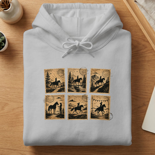 White hoodie with six vintage stamp-style graphics of horseback riders.