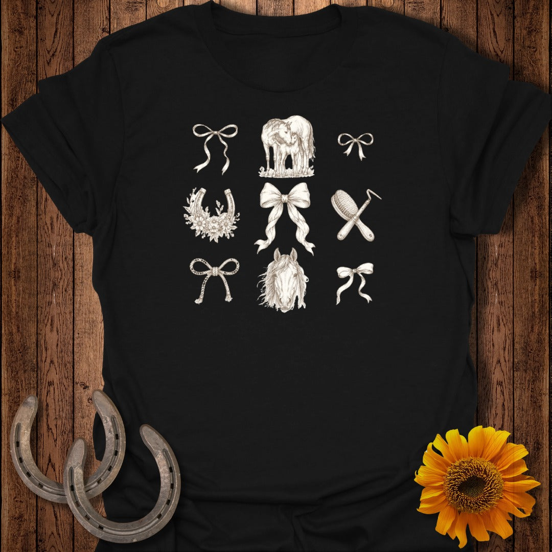 T-shirt with nine decorative equestrian icons, including horses and bows.