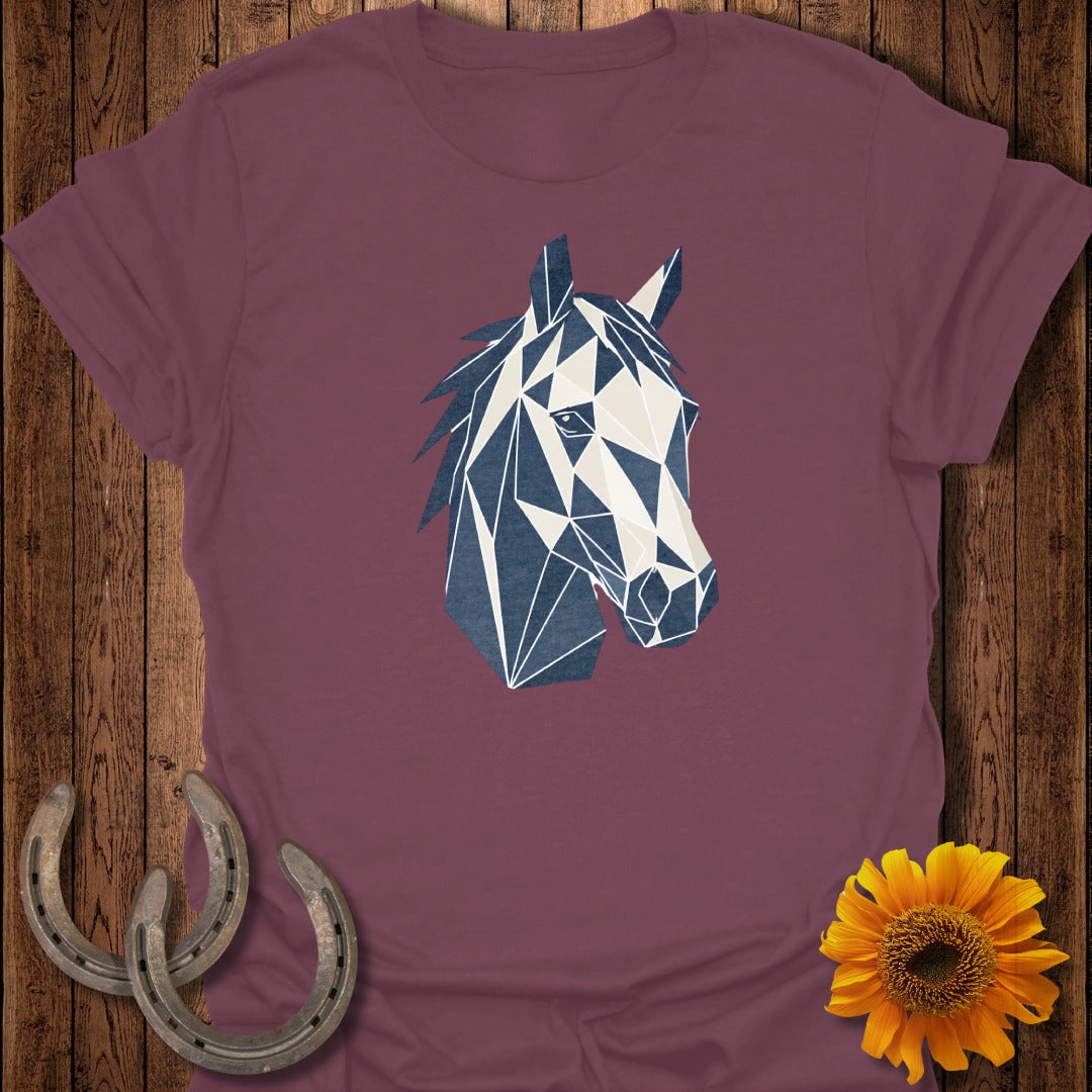 Maroon t-shirt with geometric horse head graphic and subtle horseshoes and sunflower accents.