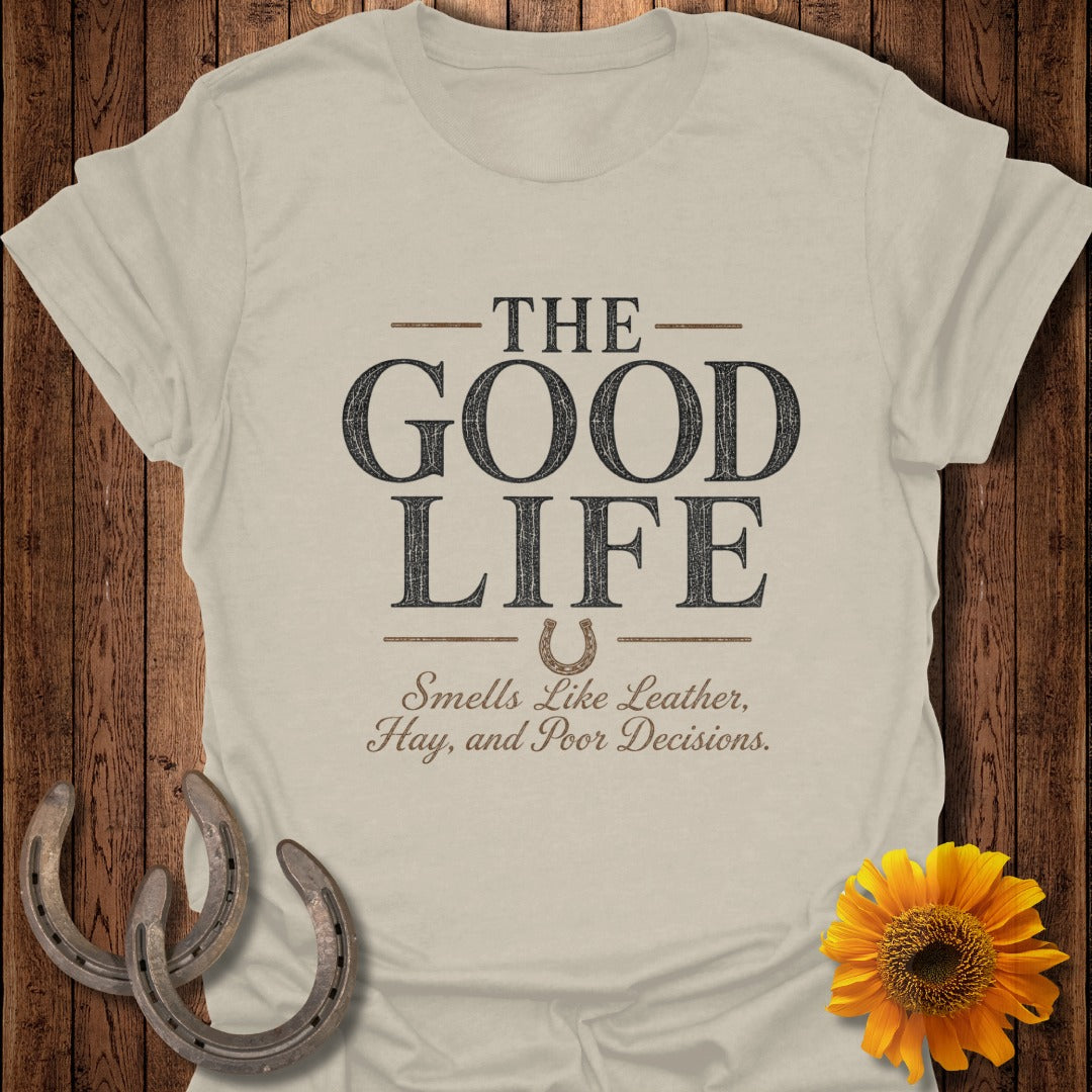 Light beige t-shirt with "The Good Life" and horseshoe design.