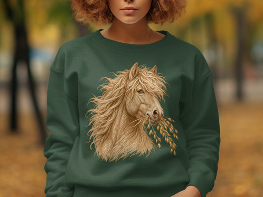 Dark green sweatshirt with detailed illustration of a light brown horse eating oats.