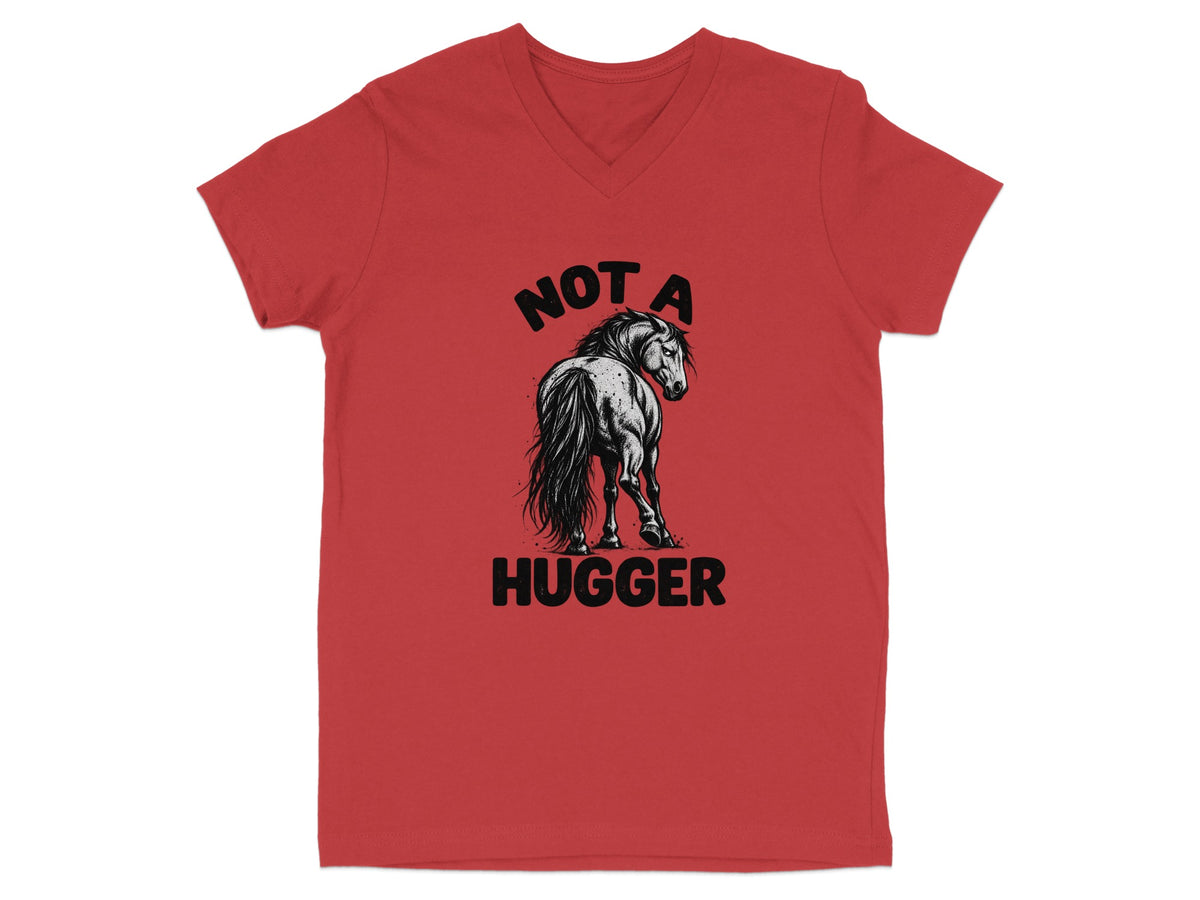 Red t-shirt with a black horse illustration and text "NOT A HUGGER".