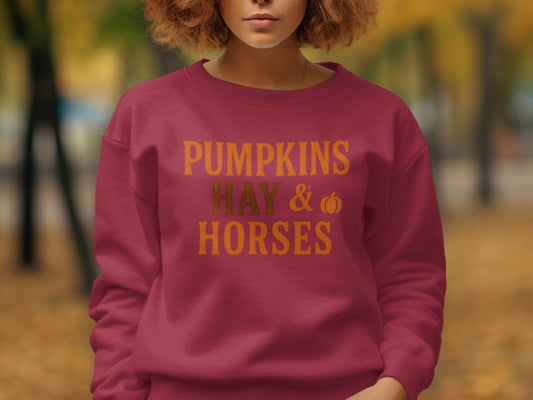 Maroon sweatshirt with "PUMPKINS HAY & HORSES" text and pumpkin graphic.