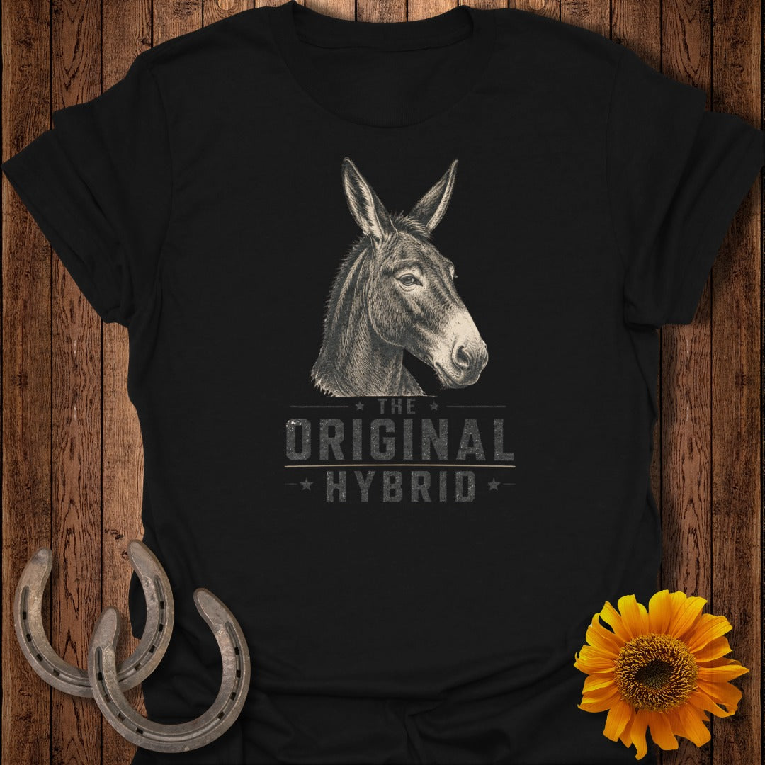 Black t-shirt with donkey head graphic and text "The Original Hybrid".