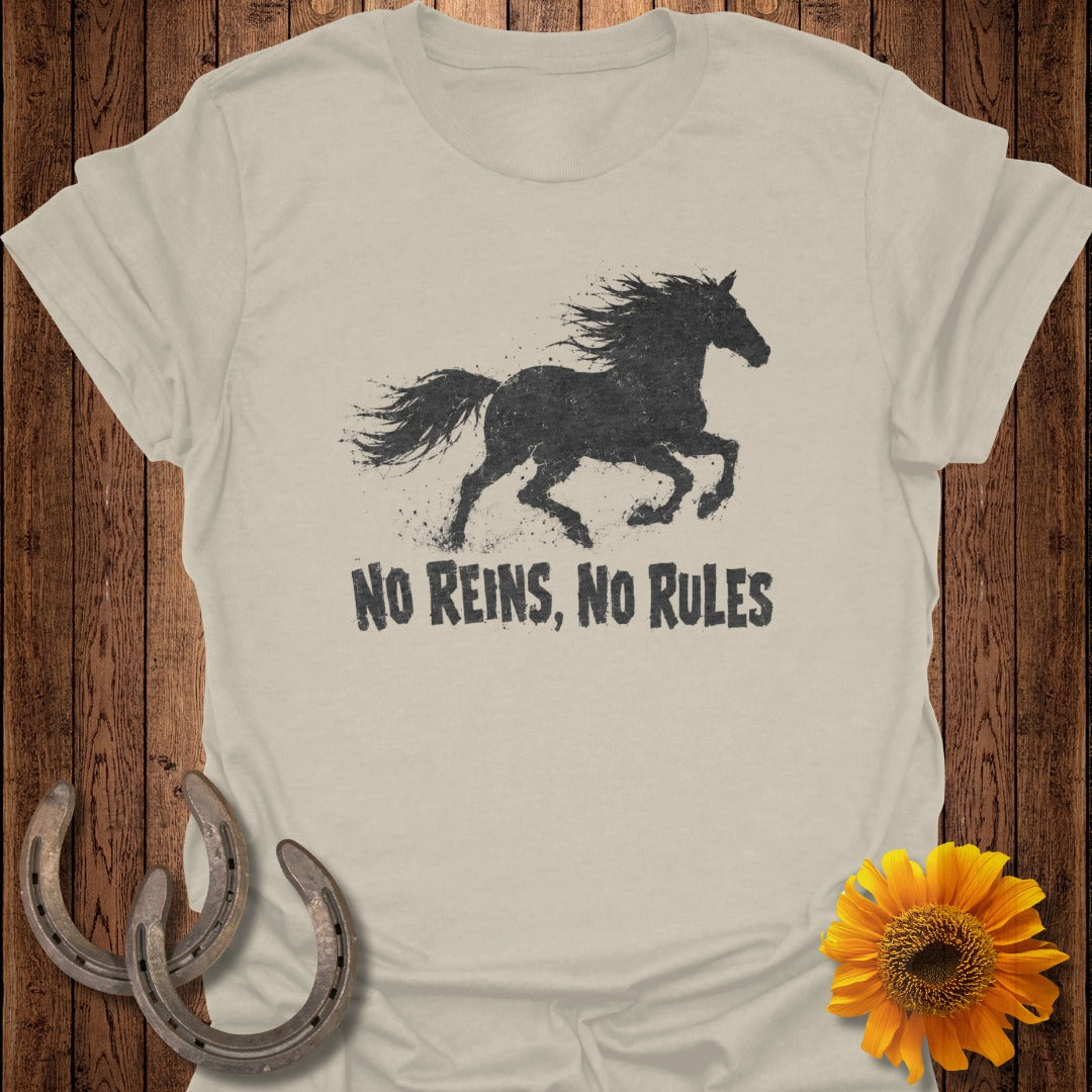Tan t-shirt with black horse silhouette and "NO REINS, NO RULES" text.