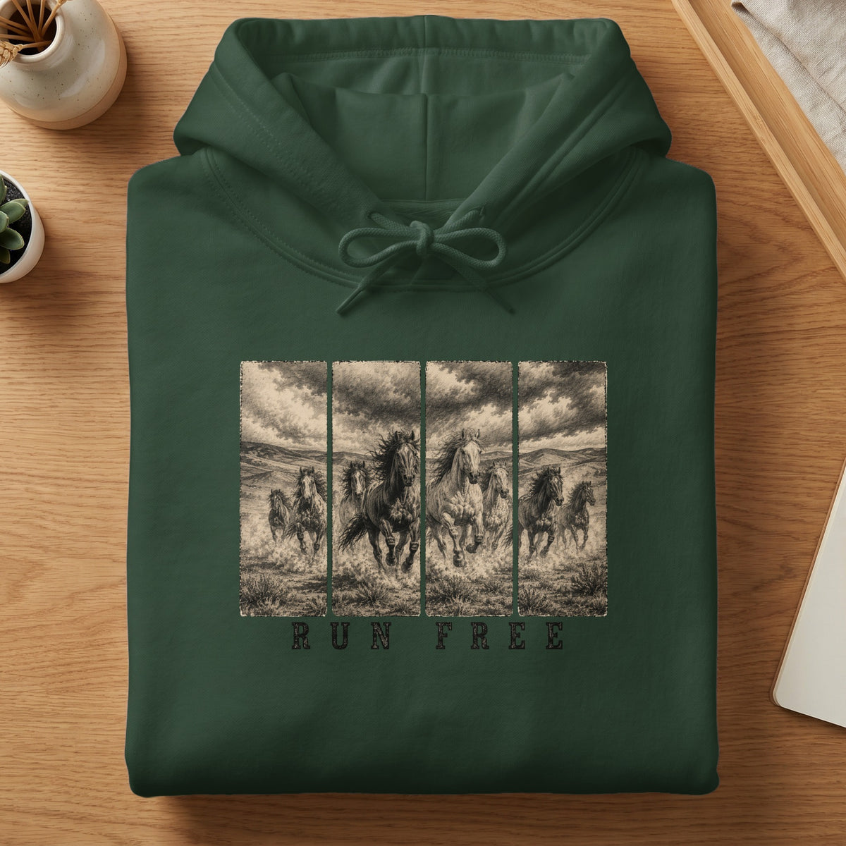 Dark green hoodie with a graphic of running horses and the text "RUN FREE".