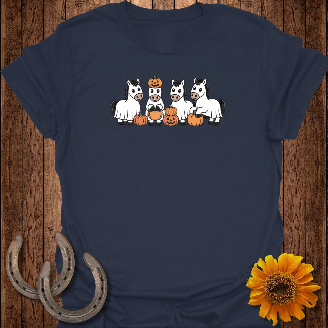 Four cartoon horses in Halloween ghost costumes with pumpkins.