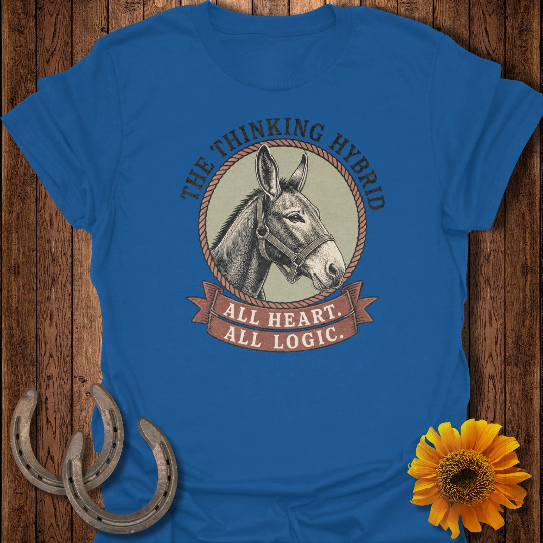Blue t-shirt with donkey and "The Thinking Hybrid" text.