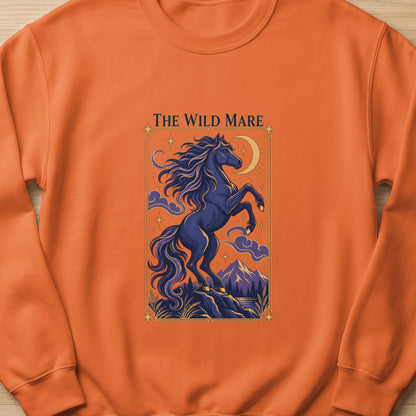 The Wild Mare text above dark blue horse rearing on rocks under crescent moon and starry sky.