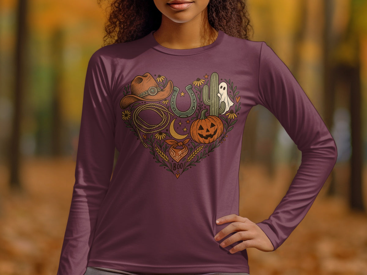 Burgundy long sleeve shirt with heart-shaped western and Halloween graphic.