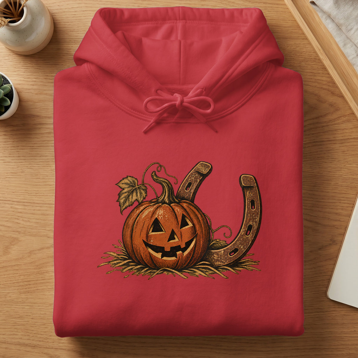 Red hoodie with jack-o'-lantern and horseshoes graphic.