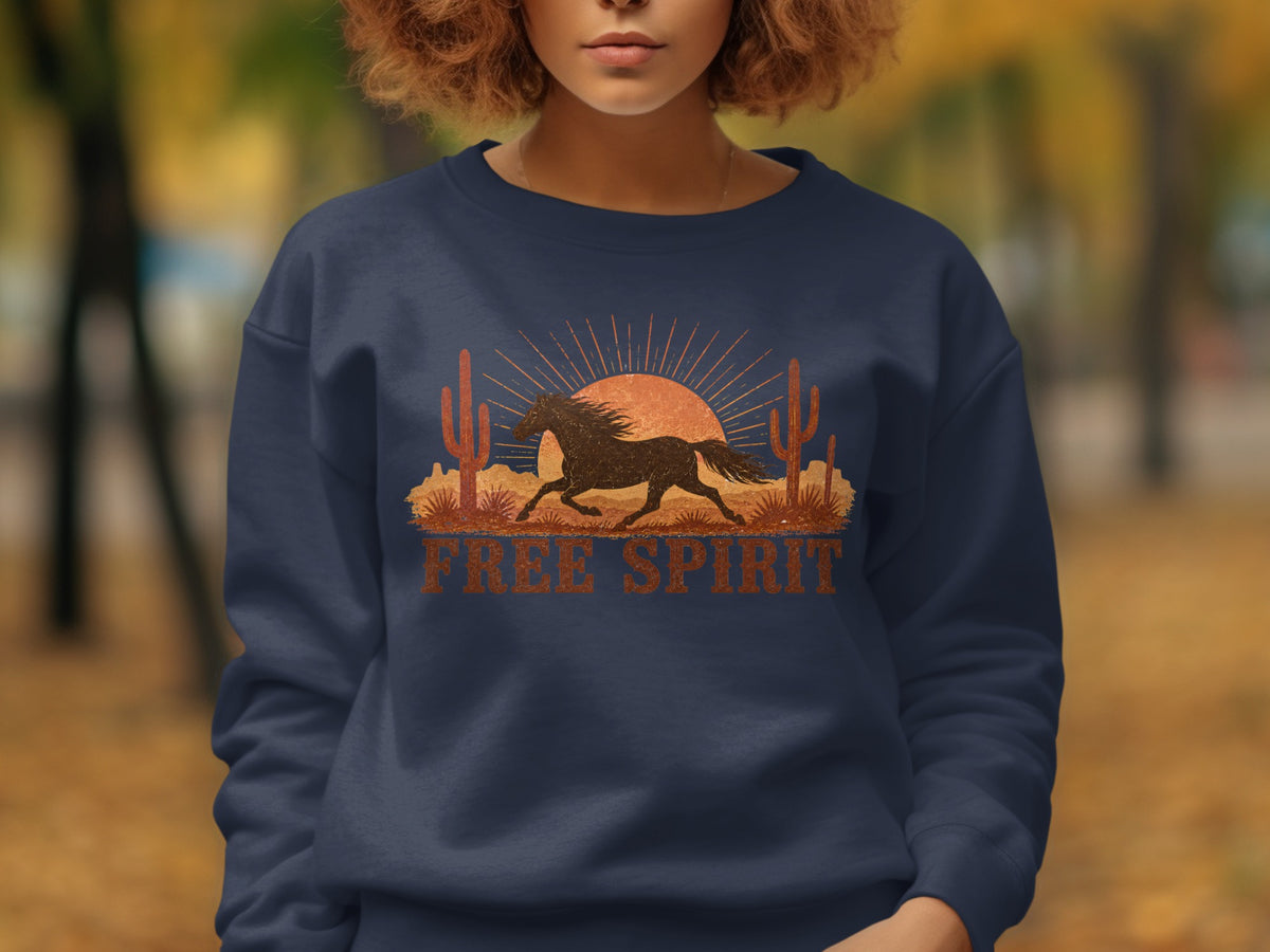 Dark blue sweatshirt with a desert sunset graphic and "FREE SPIRIT" text.