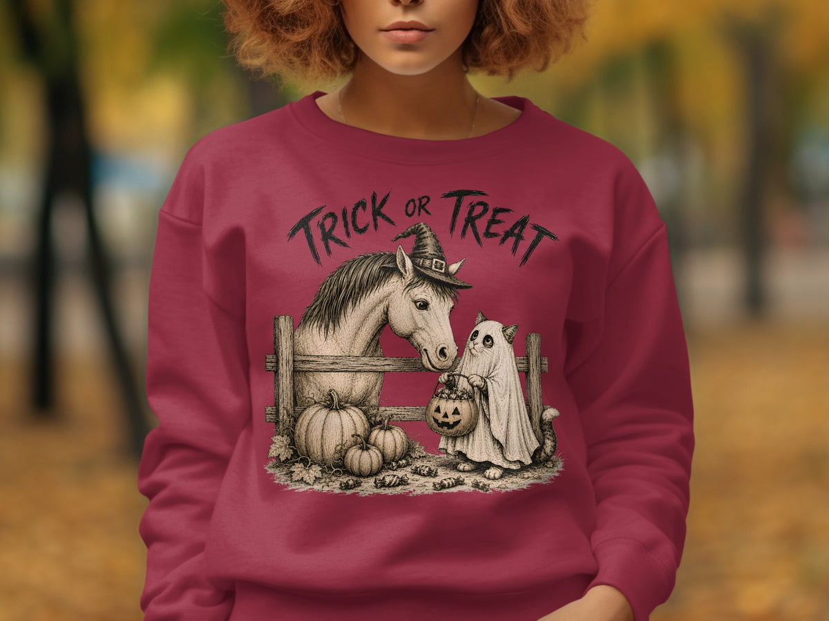 Horse and ghost cat with pumpkins and candy, "Trick or Treat" text