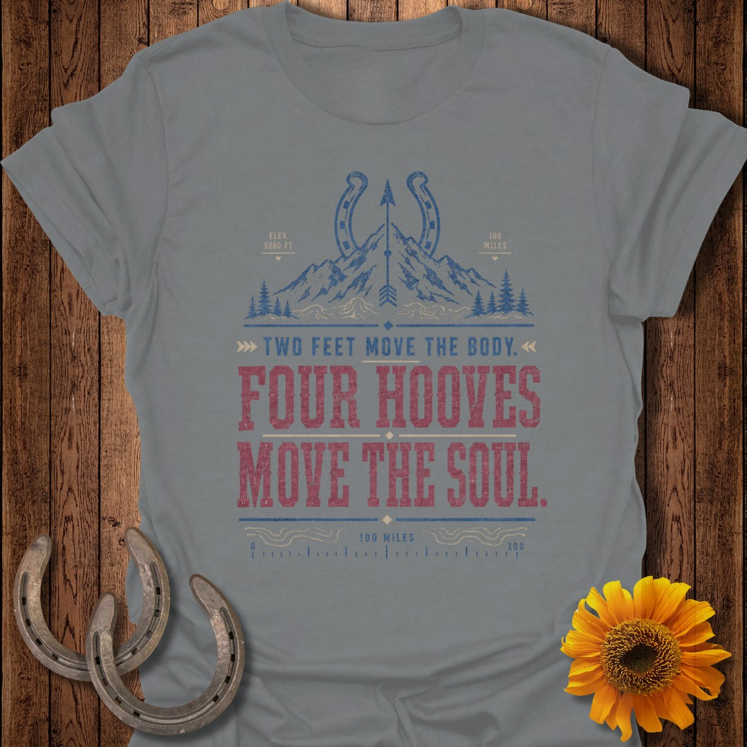 Grey t-shirt with "FOUR HOOVES MOVE THE SOUL" text, mountain, and horseshoes.
