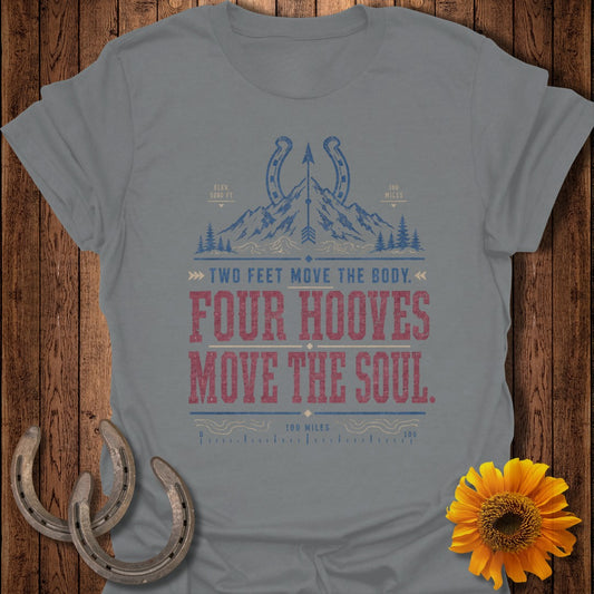 Grey t-shirt with "FOUR HOOVES MOVE THE SOUL" text, mountain, and horseshoes.