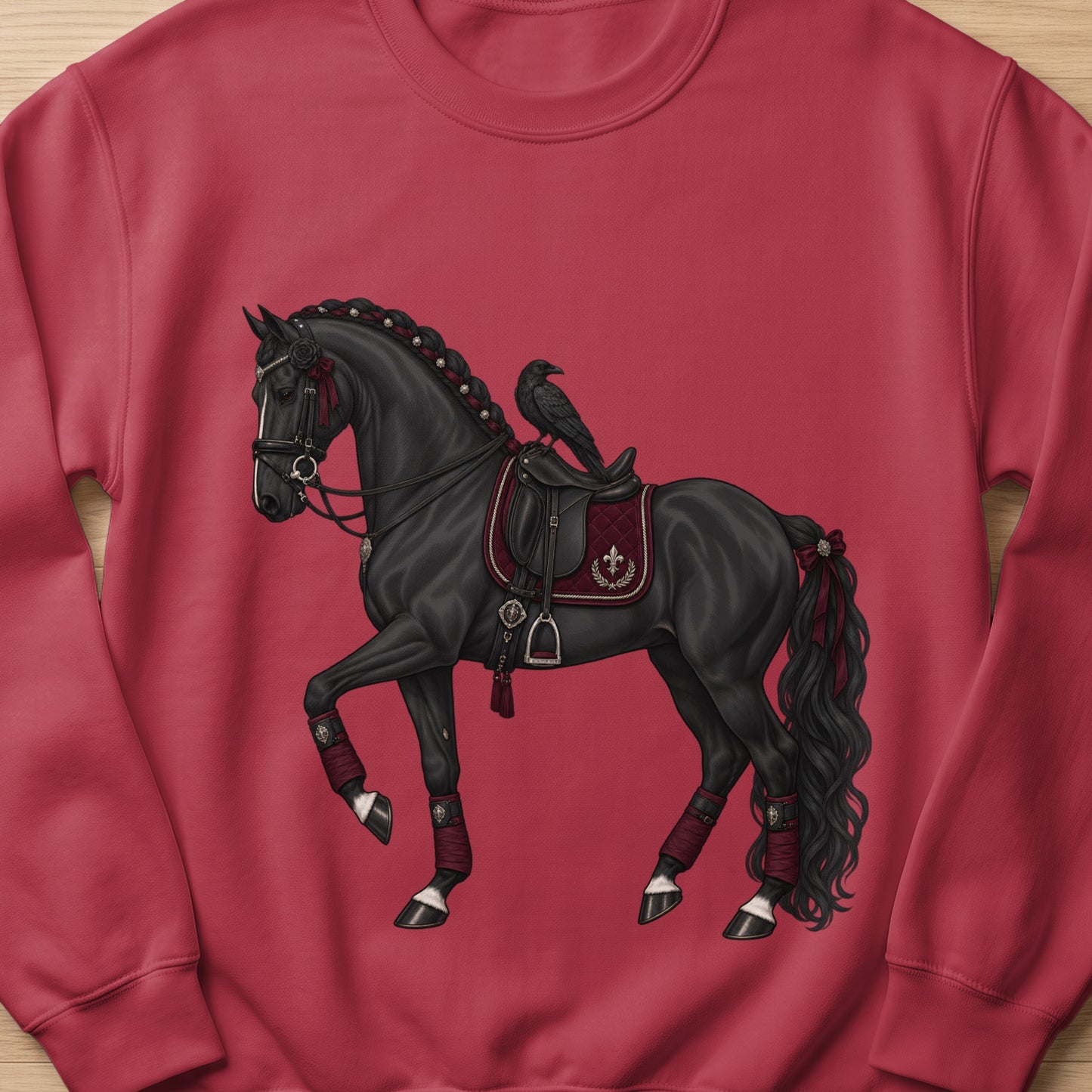 Black horse with elaborate tack and a raven perched on its saddle.