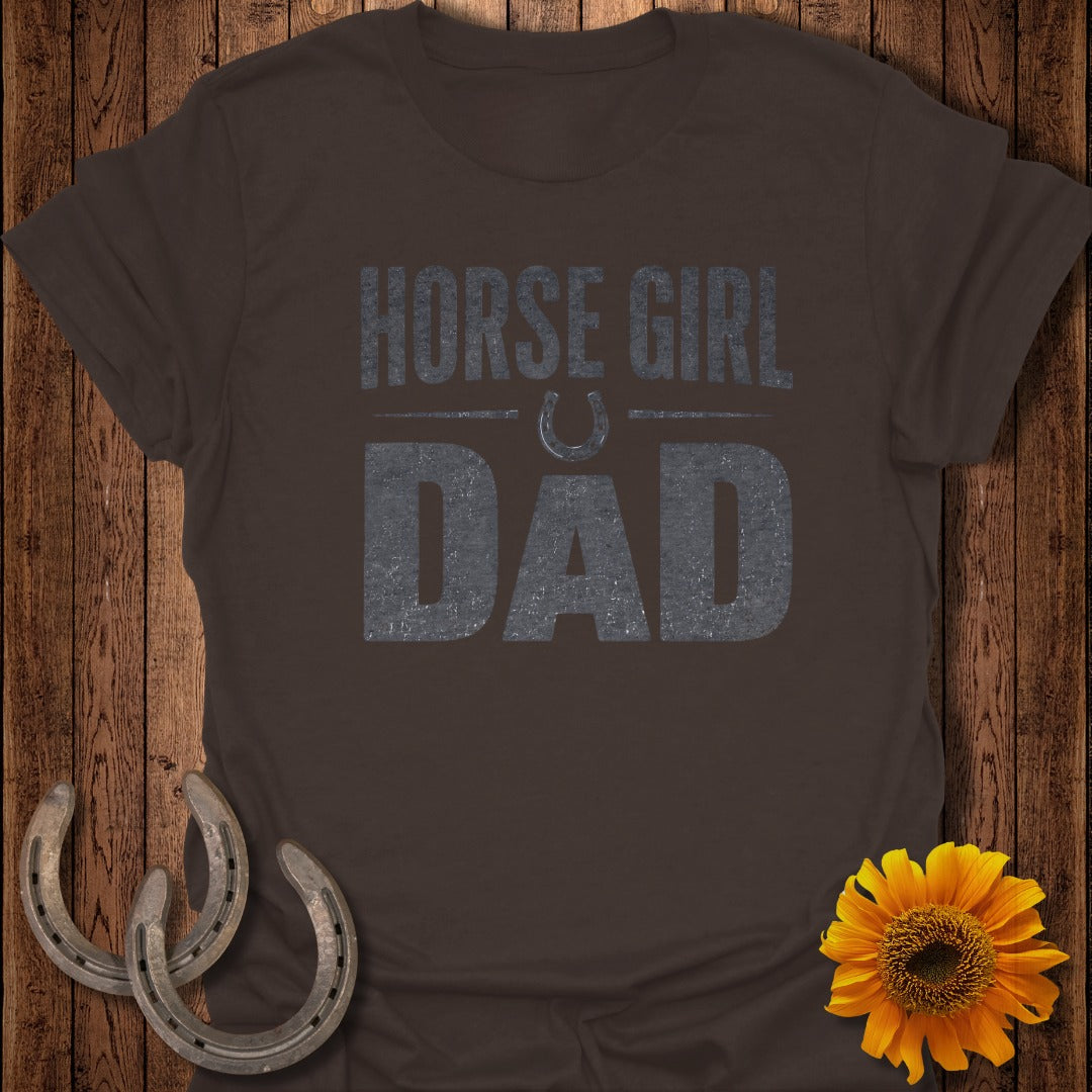 Brown t-shirt with "HORSE GIRL DAD" text and horseshoe graphic.