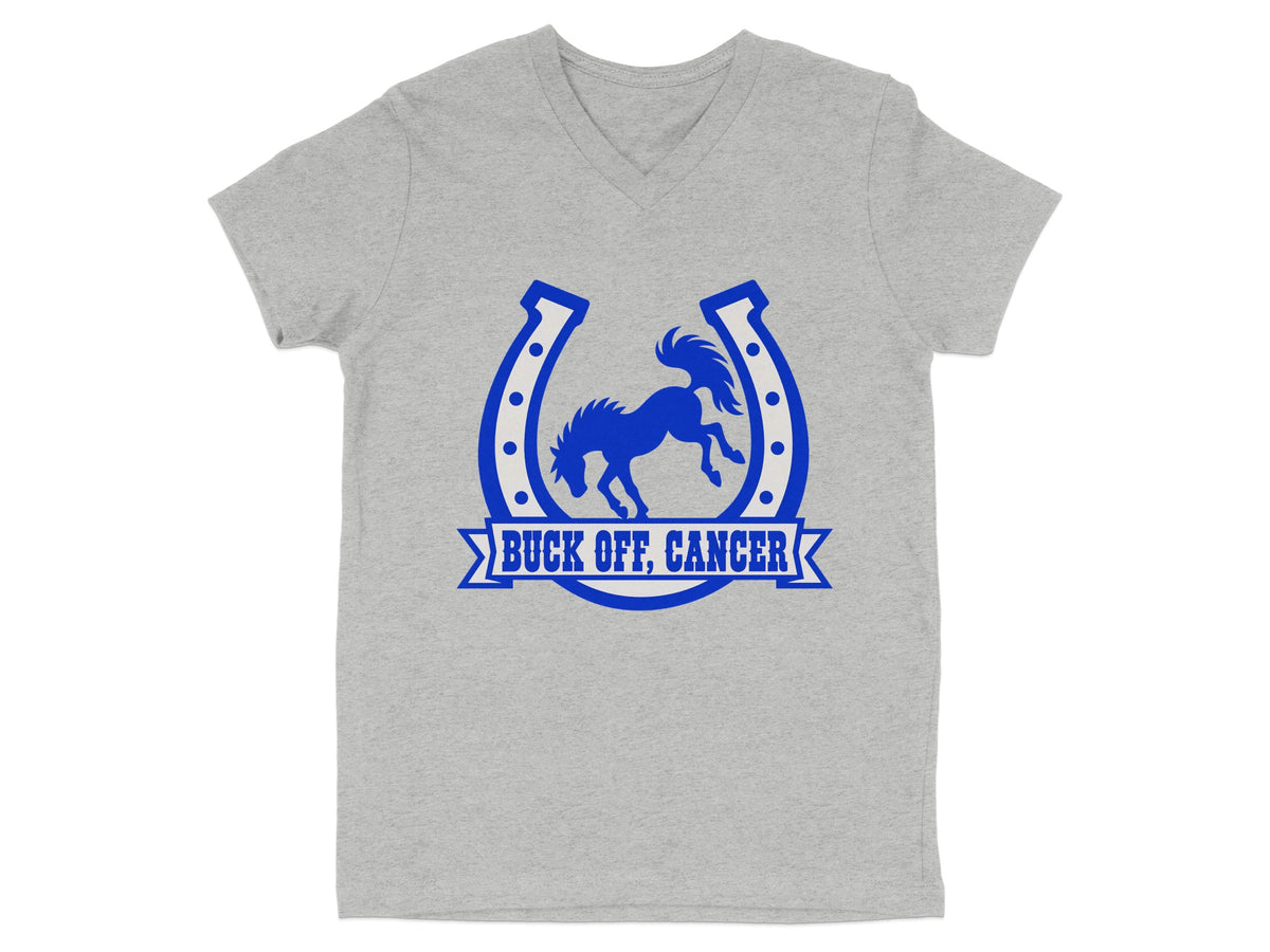 Grey v-neck t-shirt with blue horseshoe, bucking horse, and "Buck Off, Cancer" text.