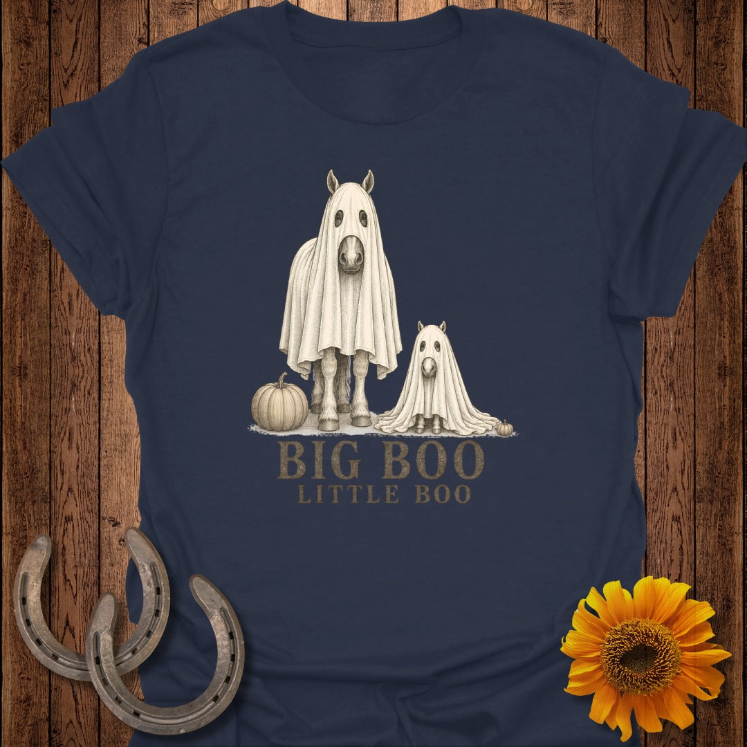 Two horses in ghost costumes with "BIG BOO LITTLE BOO" text.