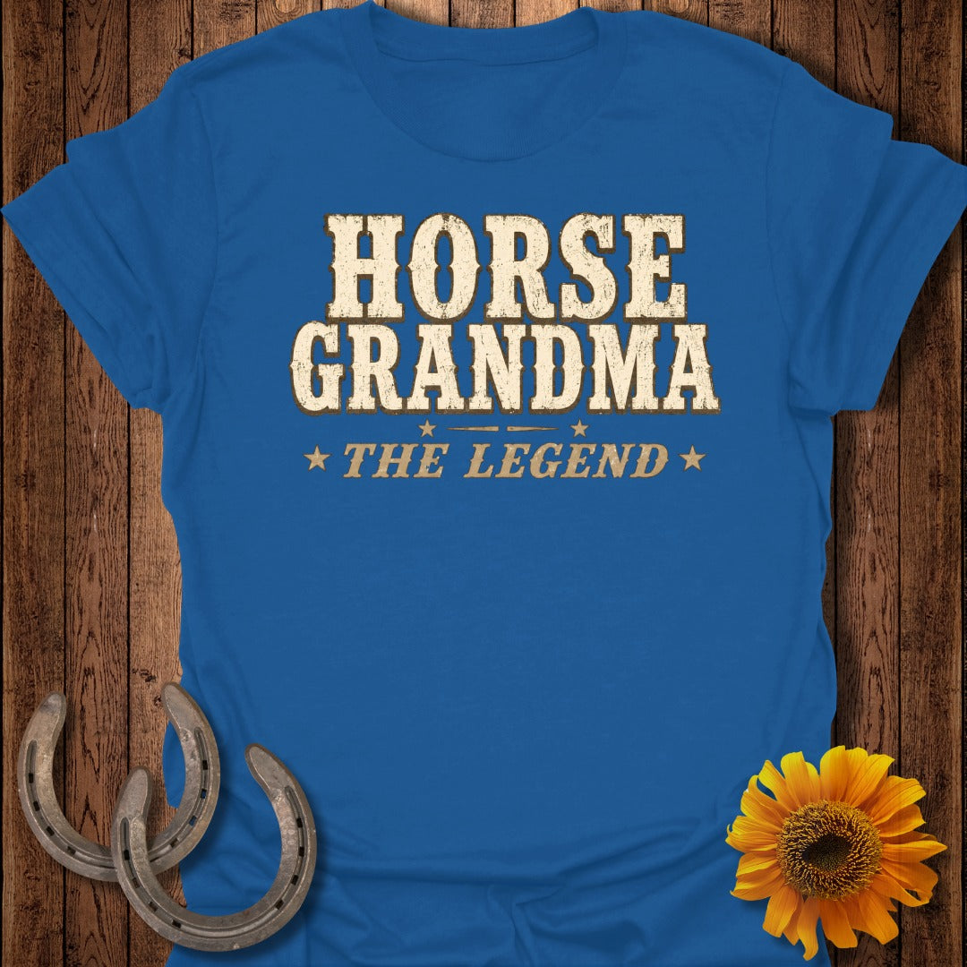 Blue t-shirt with "Horse Grandma The Legend" text, horseshoes, and sunflower.