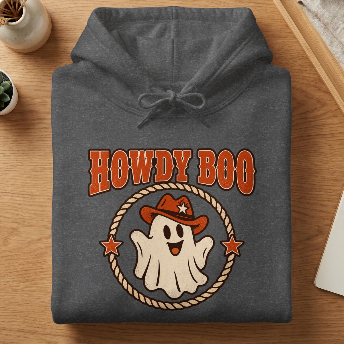 Dark grey hoodie with "Howdy Boo" text and a ghost wearing a cowboy hat.