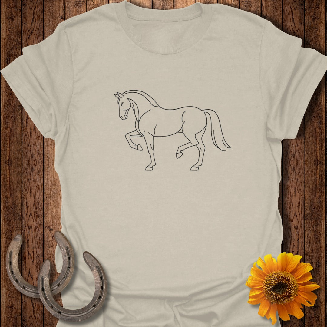 Light beige t-shirt with black line drawing of a prancing horse and rustic details.