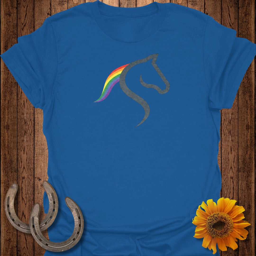 Rainbow Mane Horse Design on Blue Shirt