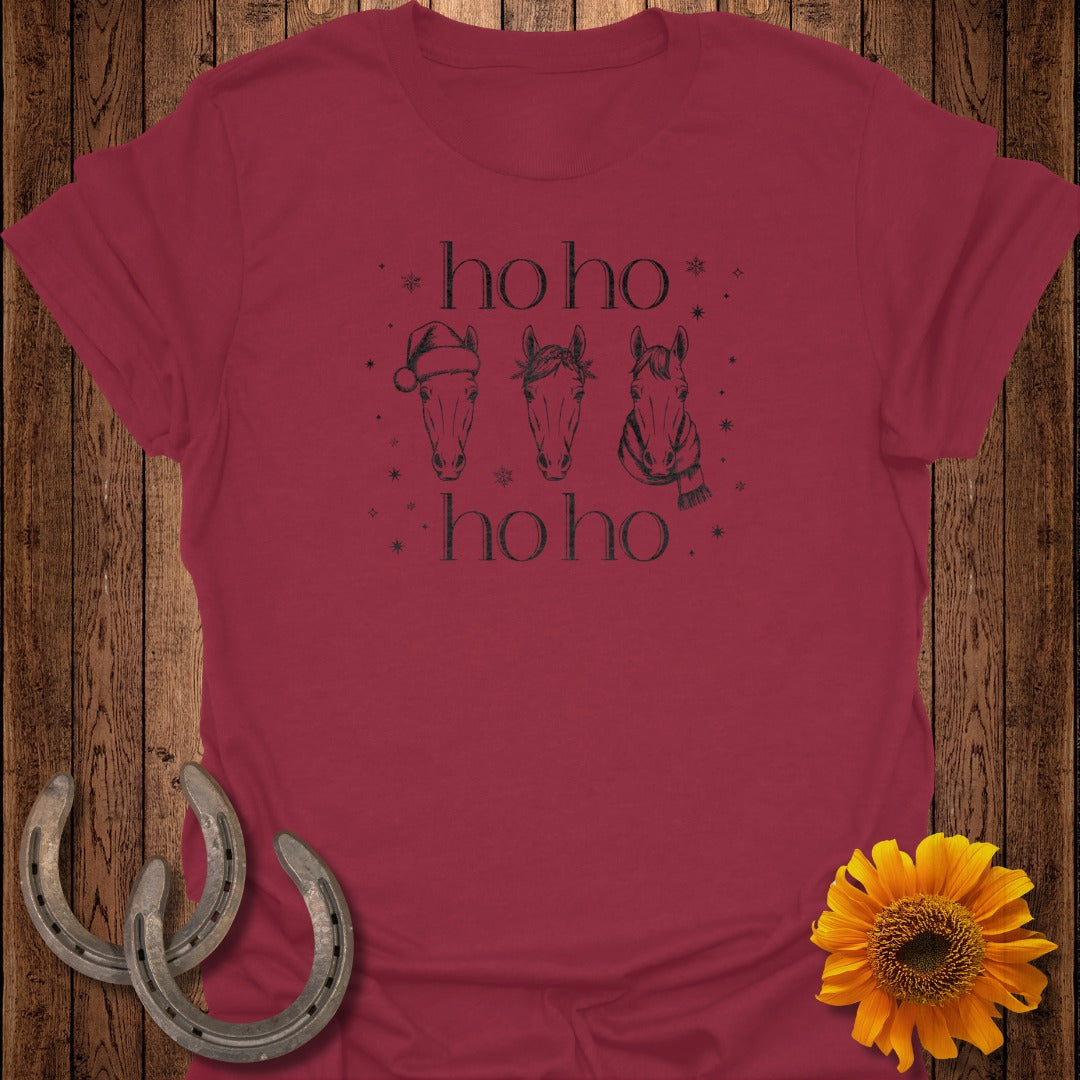 Maroon t-shirt with horses in Santa hat, scarf, and "ho ho ho" text.