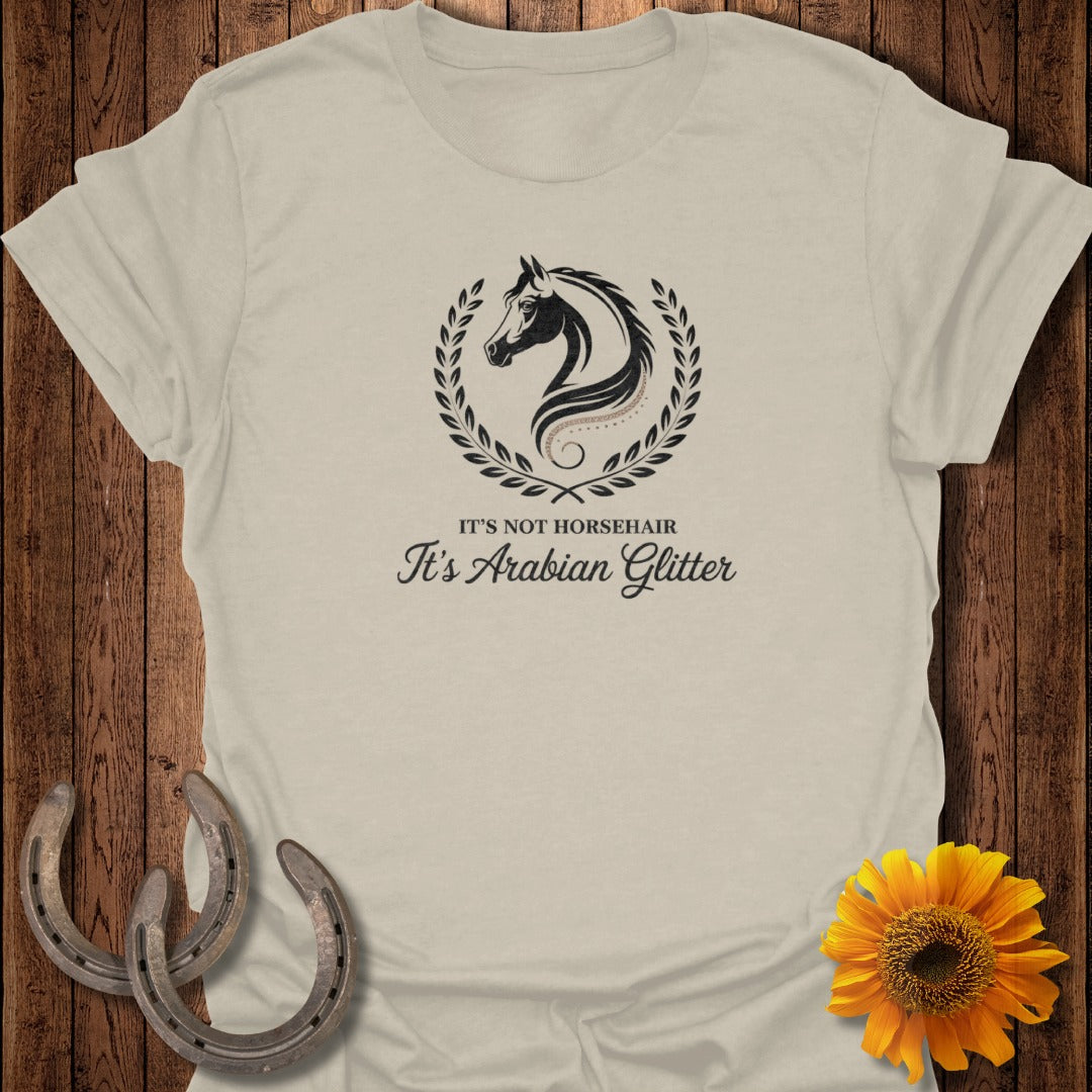 Beige t-shirt with black horse and wreath logo and text.