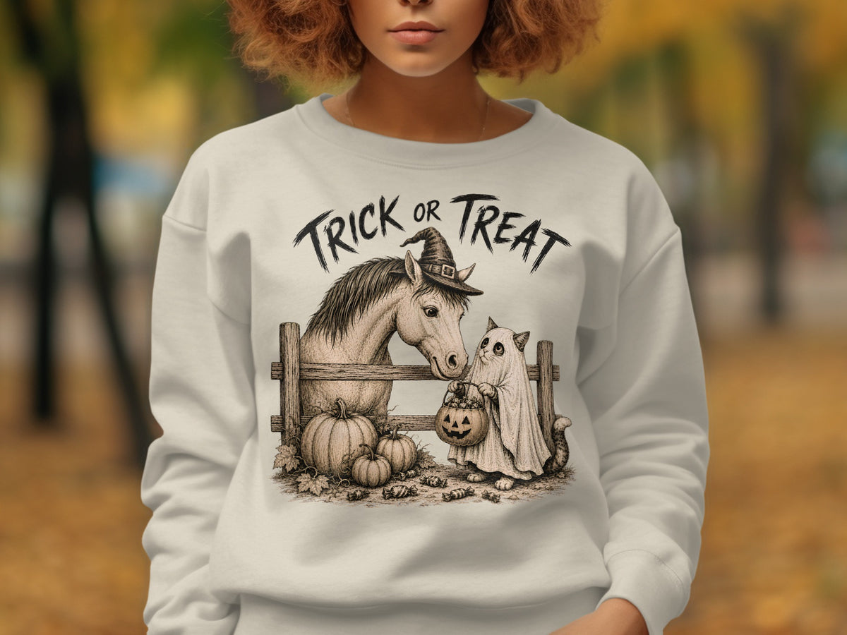 Horse wearing witch hat, cat in ghost costume with candy bucket, text "TRICK OR TREAT".