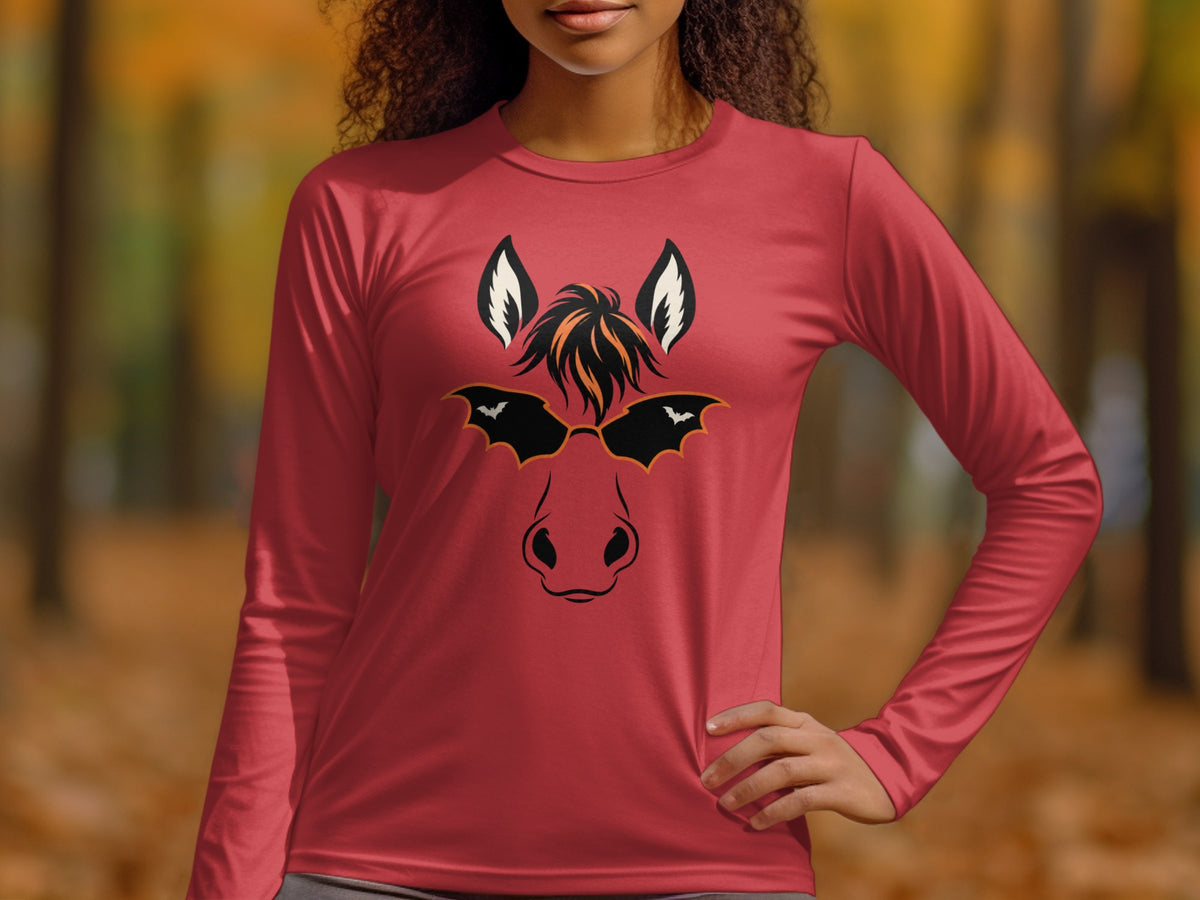 Red long-sleeve shirt with a horse face Halloween graphic featuring bat sunglasses.