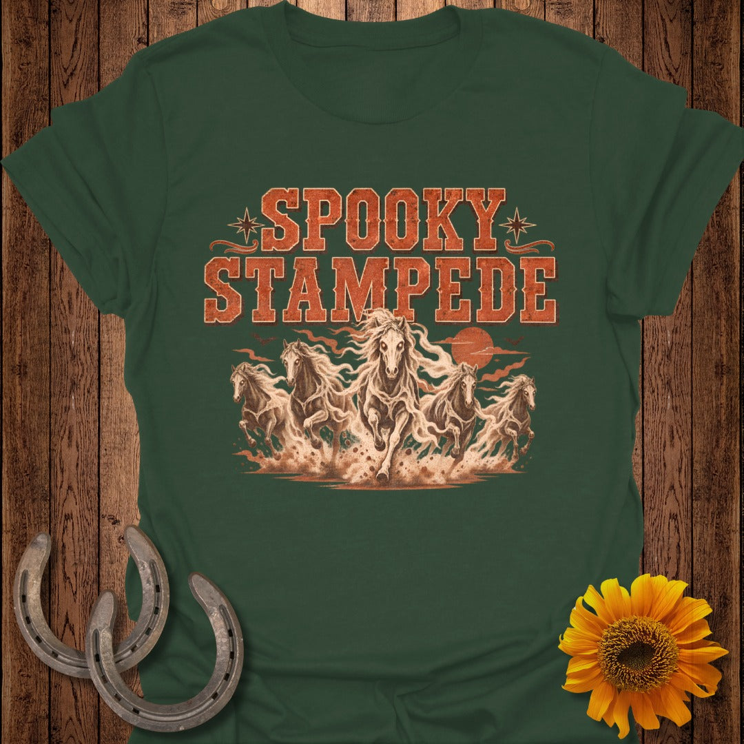 Green t-shirt with "Spooky Stampede" text and horses running