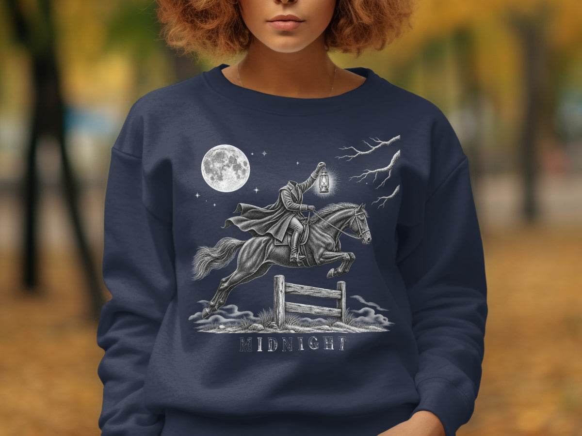 The Headless Horseman leaps over a fence with a lantern under a full moon.