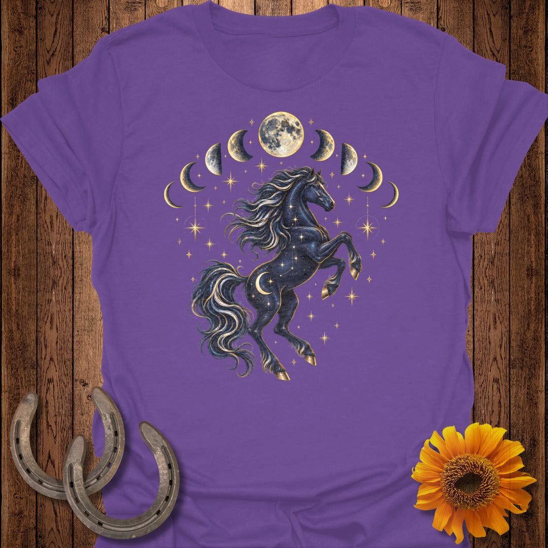 Purple t-shirt with a black celestial horse and moon phases graphic.