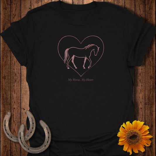 Black t-shirt with a horse silhouette inside a heart and text "My Horse, My Heart".