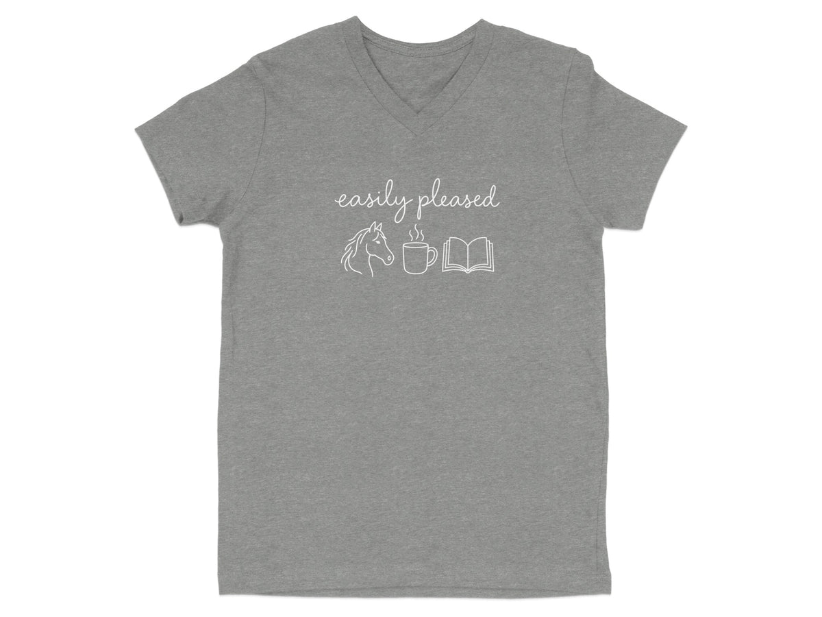 Grey v-neck t-shirt with white outline graphic of horse, coffee cup, and book.