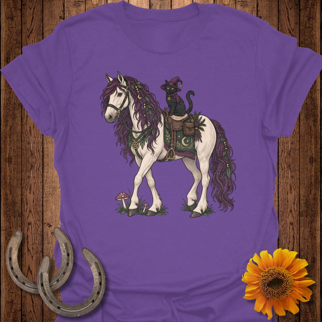 Black cat in witch hat rides a white horse with purple mane and foliage.