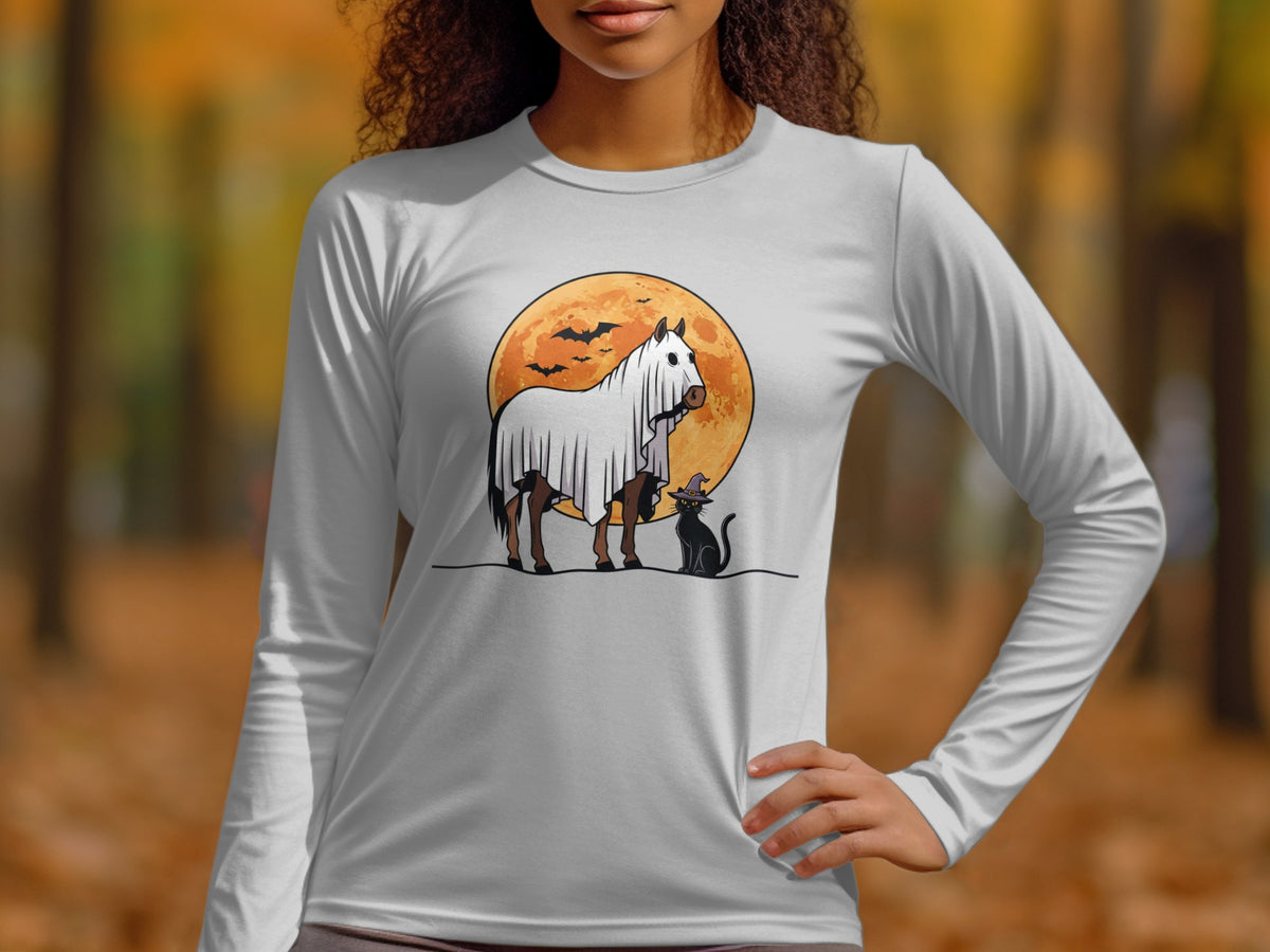 Horse in ghost costume and cat with witch hat in front of moon and bats.