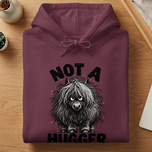 Maroon hoodie with "Not A Hugger" text and a fluffy Highland cow illustration.