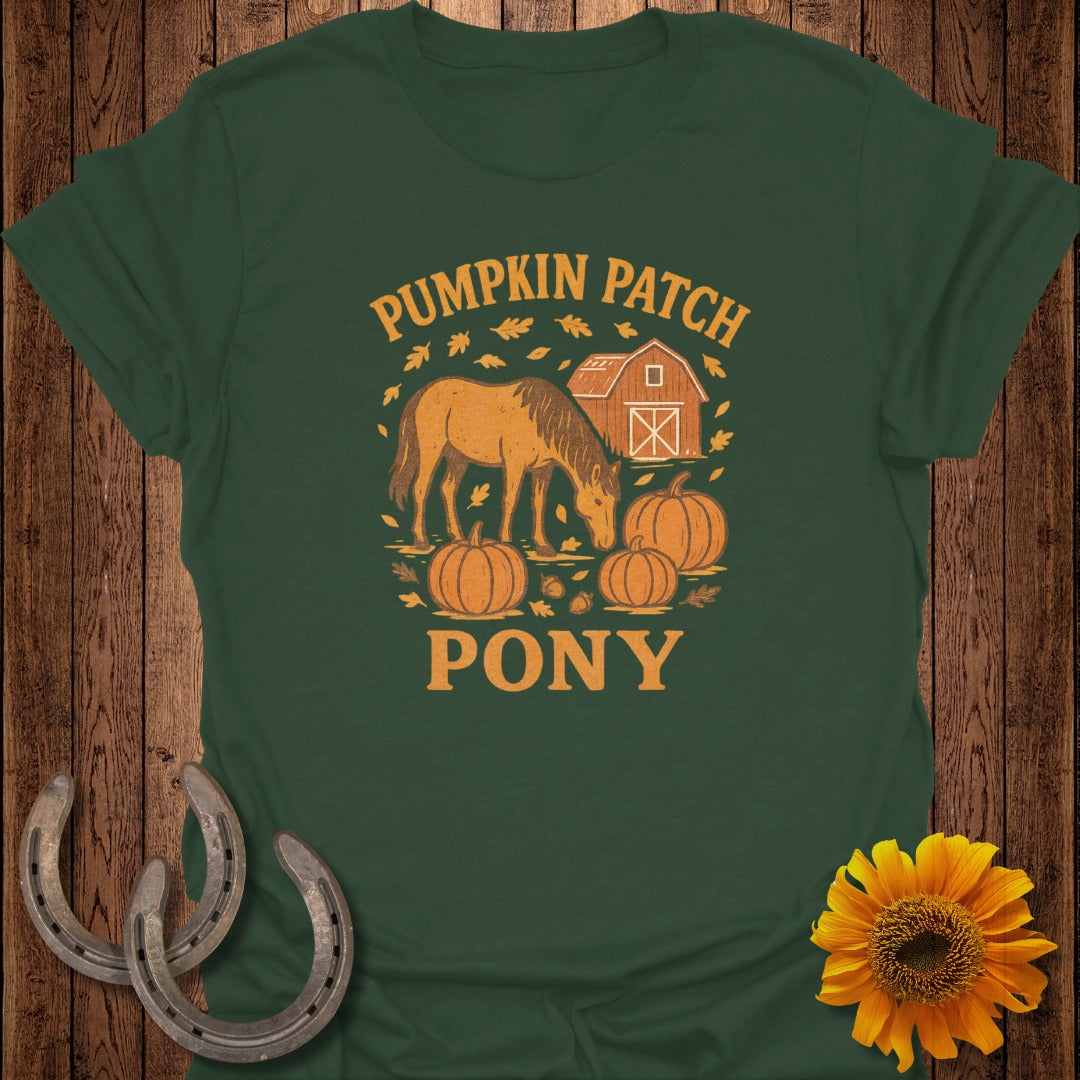Green t-shirt with "Pumpkin Patch Pony" text, horse, barn, and pumpkins graphic.