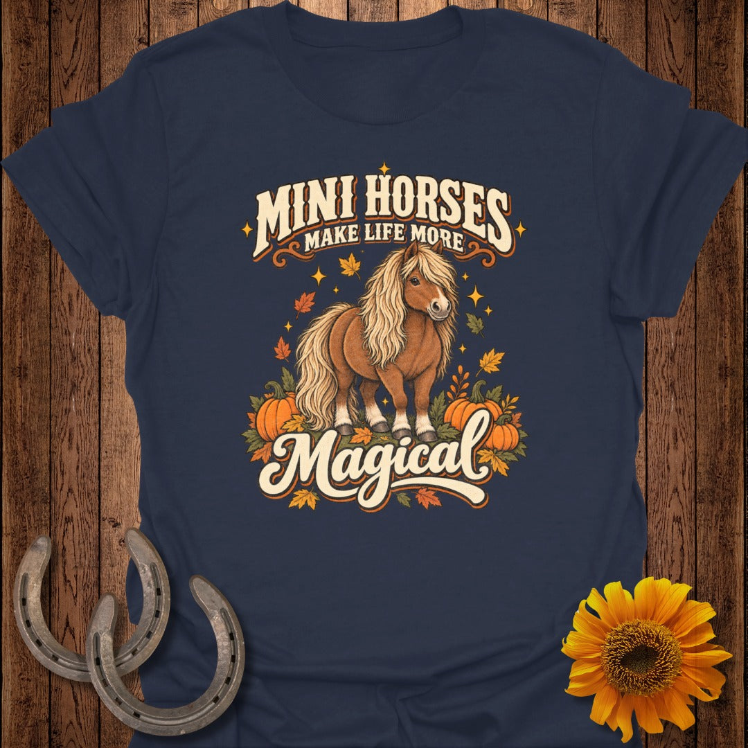 Navy t-shirt with "Mini Horses Make Life More Magical" text and a pony illustration.