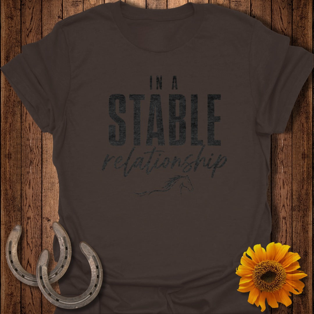 Dark t-shirt with "IN A STABLE relationship" and horse silhouette.
