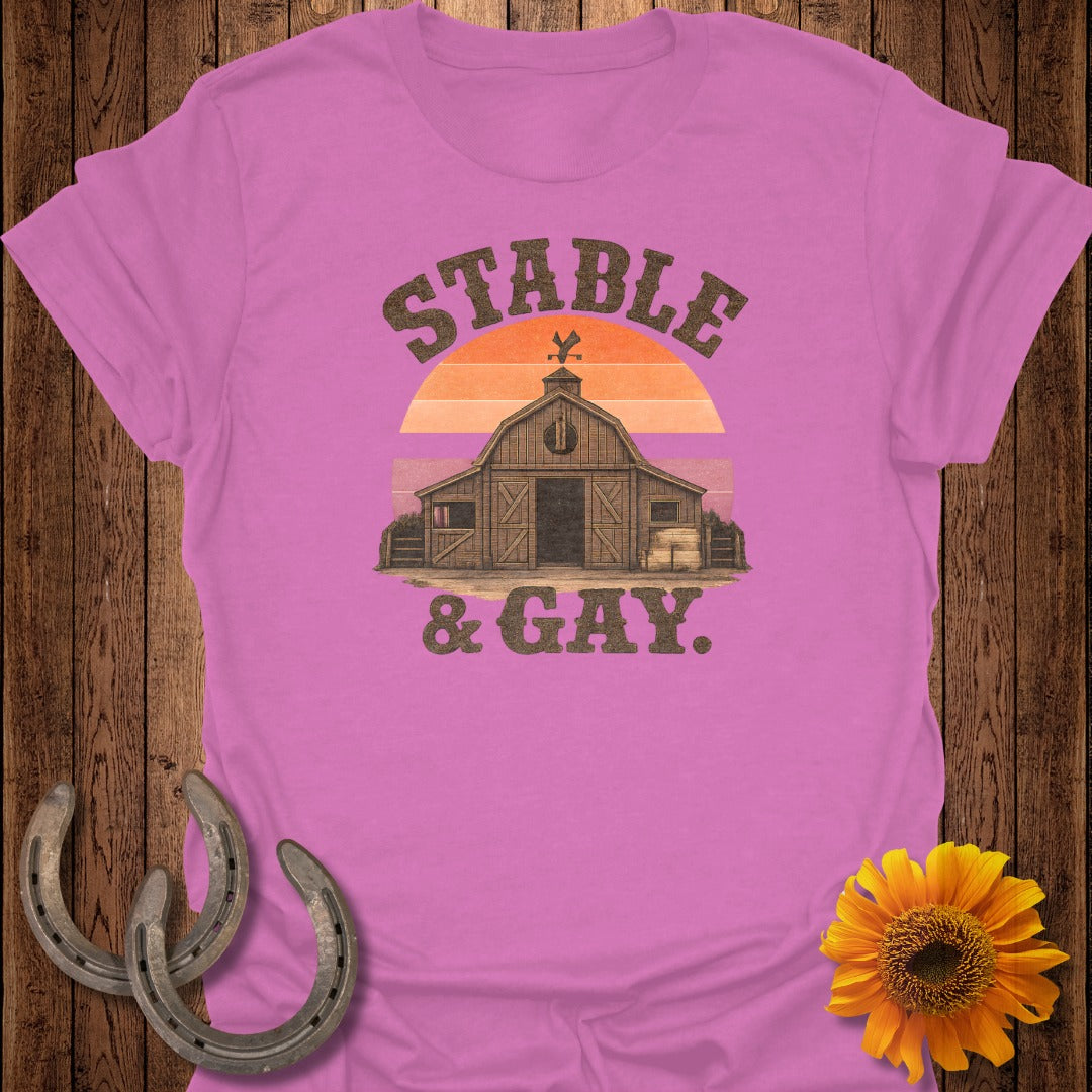 Pink t-shirt with "Stable & Gay" text, barn, and sunset graphic.