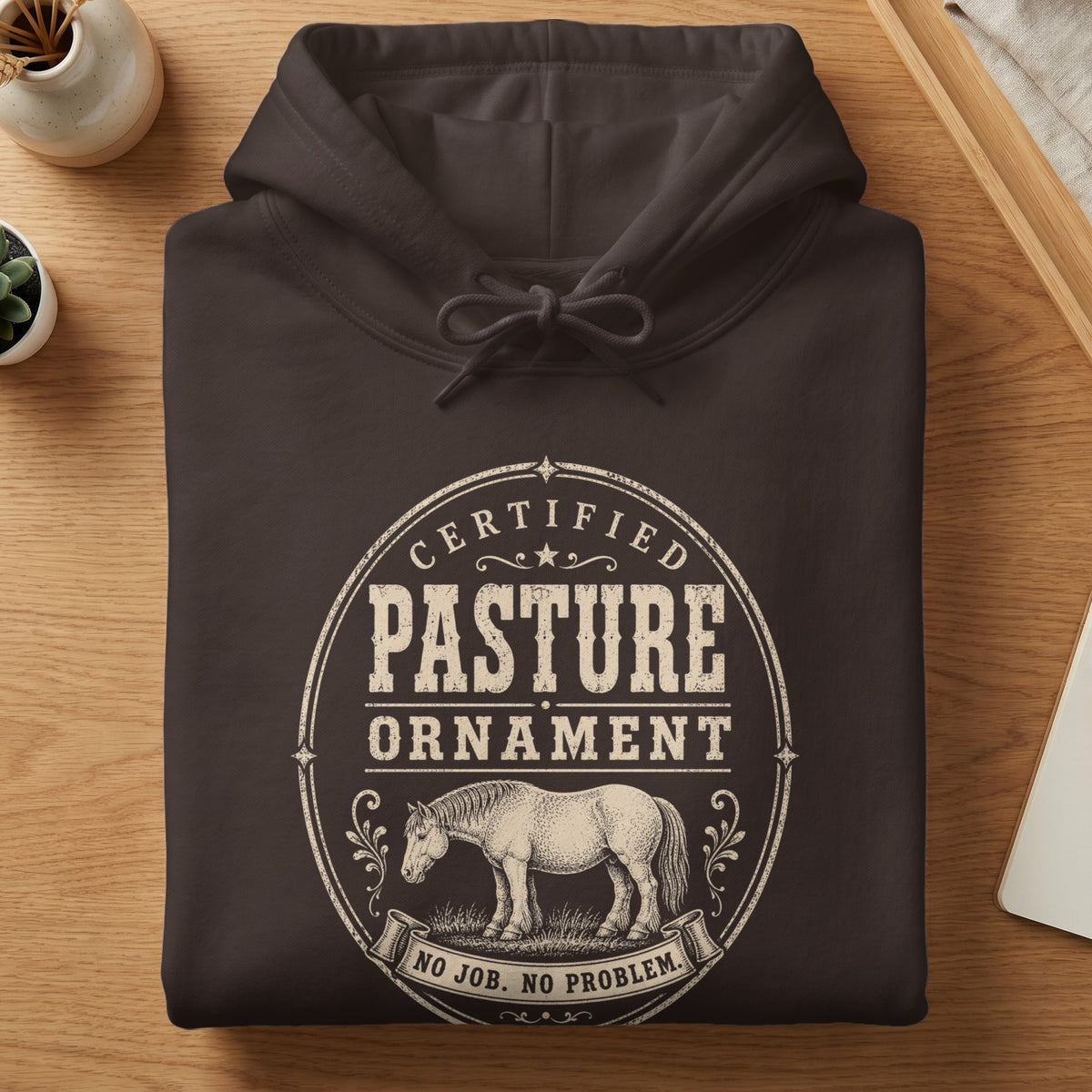Dark brown hoodie with "Certified Pasture Ornament" graphic and horse illustration.