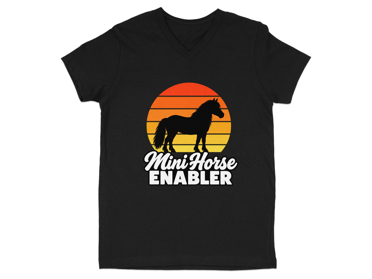 Black V-neck t-shirt with a sunset graphic, a horse silhouette, and the text Mini Horse ENABLER.