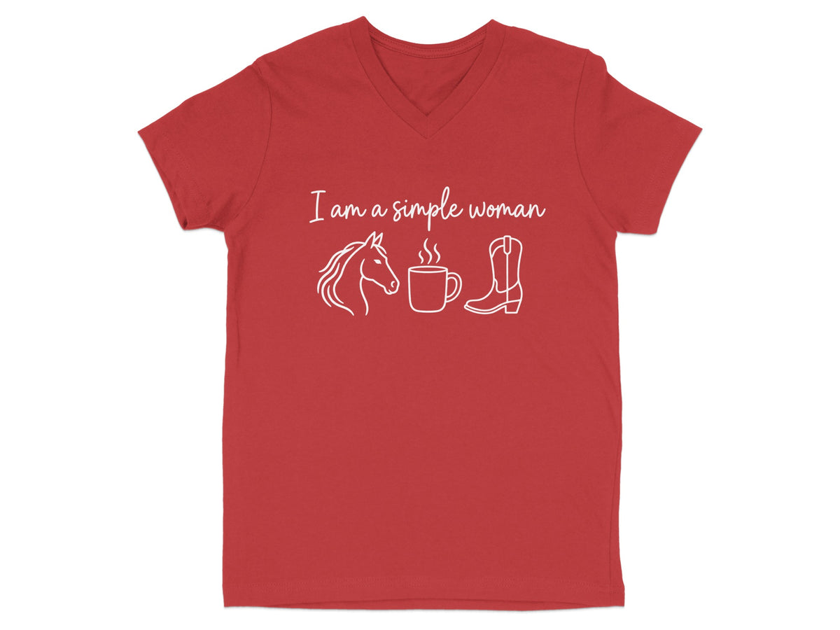 Red v-neck t-shirt with "I am a simple woman" text and horse, coffee, and boot icons.