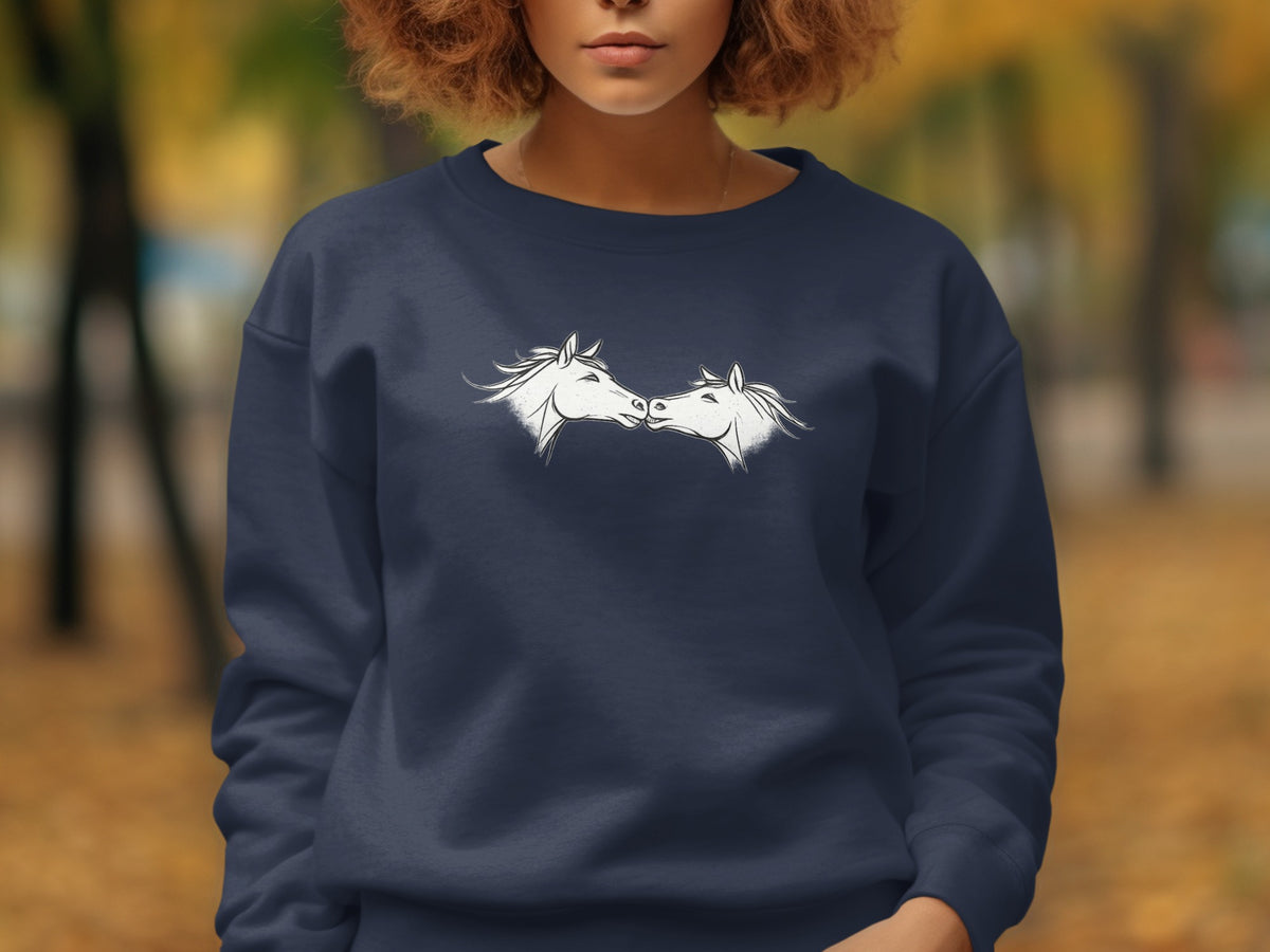 Navy sweatshirt with a white outline drawing of two horses nuzzling.