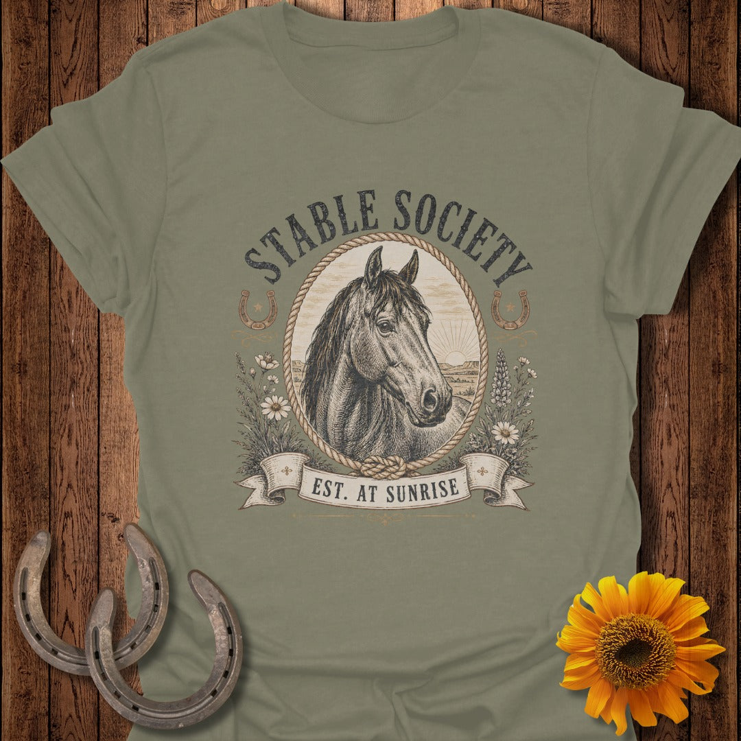 Olive t-shirt with vintage horse illustration and text "STABLE SOCIETY EST. AT SUNRISE".